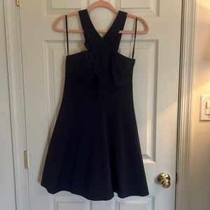 Armani Exchange Navy Mini Dress with Scallop Crisscross Collar
